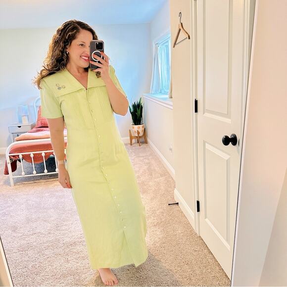 Vintage Coldwater Creek Green Floral Embroidered Shell Button Maxi Dress 12 - Picture 1 of 16